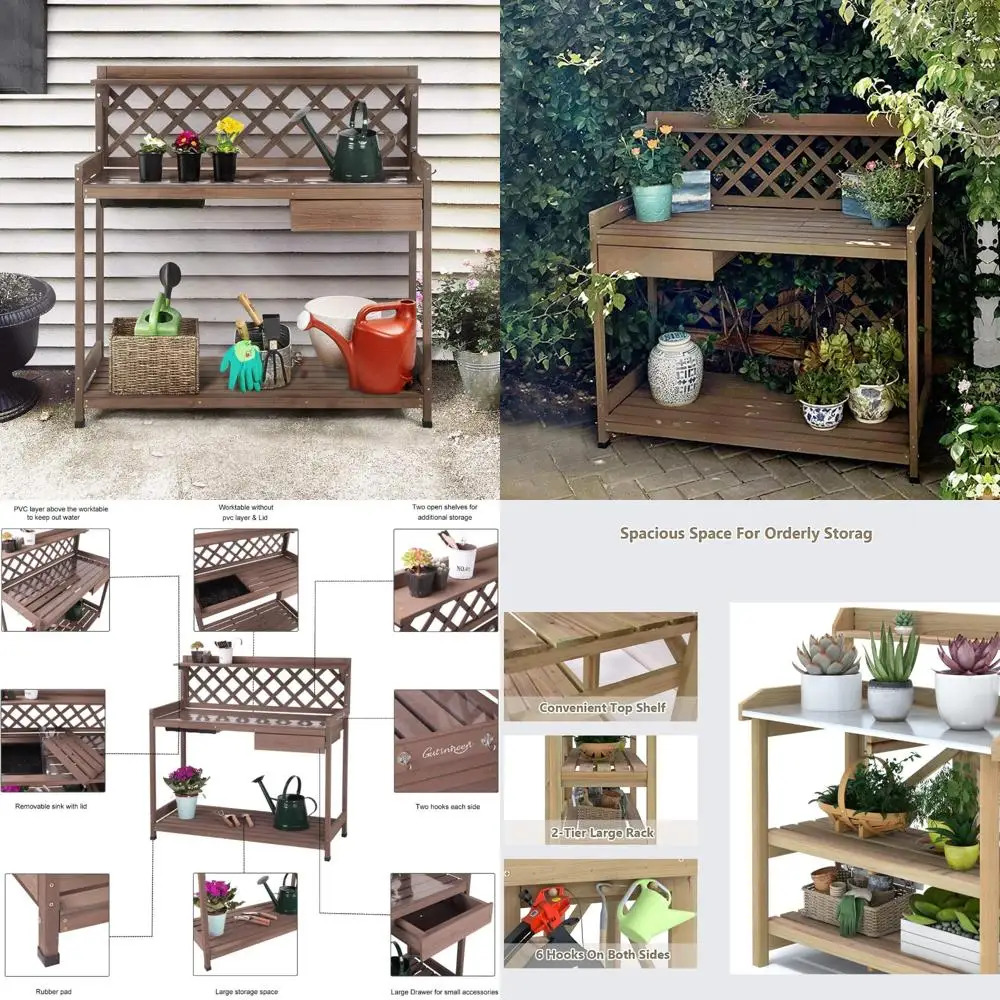 

Деревянная уличная скамейка для горшков с поверхностью из ПВХ, раковиной, крышкой, хранилищем, ящиками и полками для садоводства