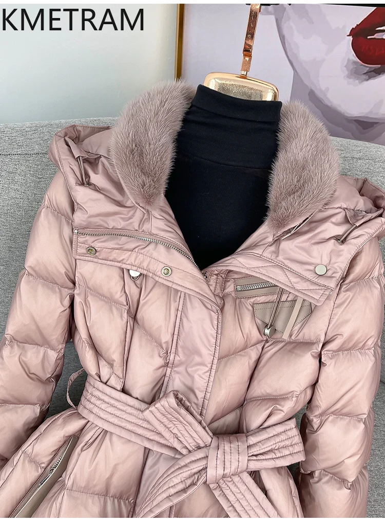 KMETRAM White Goose Down Puffer Jacket Woman Long Pink Down Coats Hooded Mink Fur Collar Outerwears Winter Clothes 2025 пальто