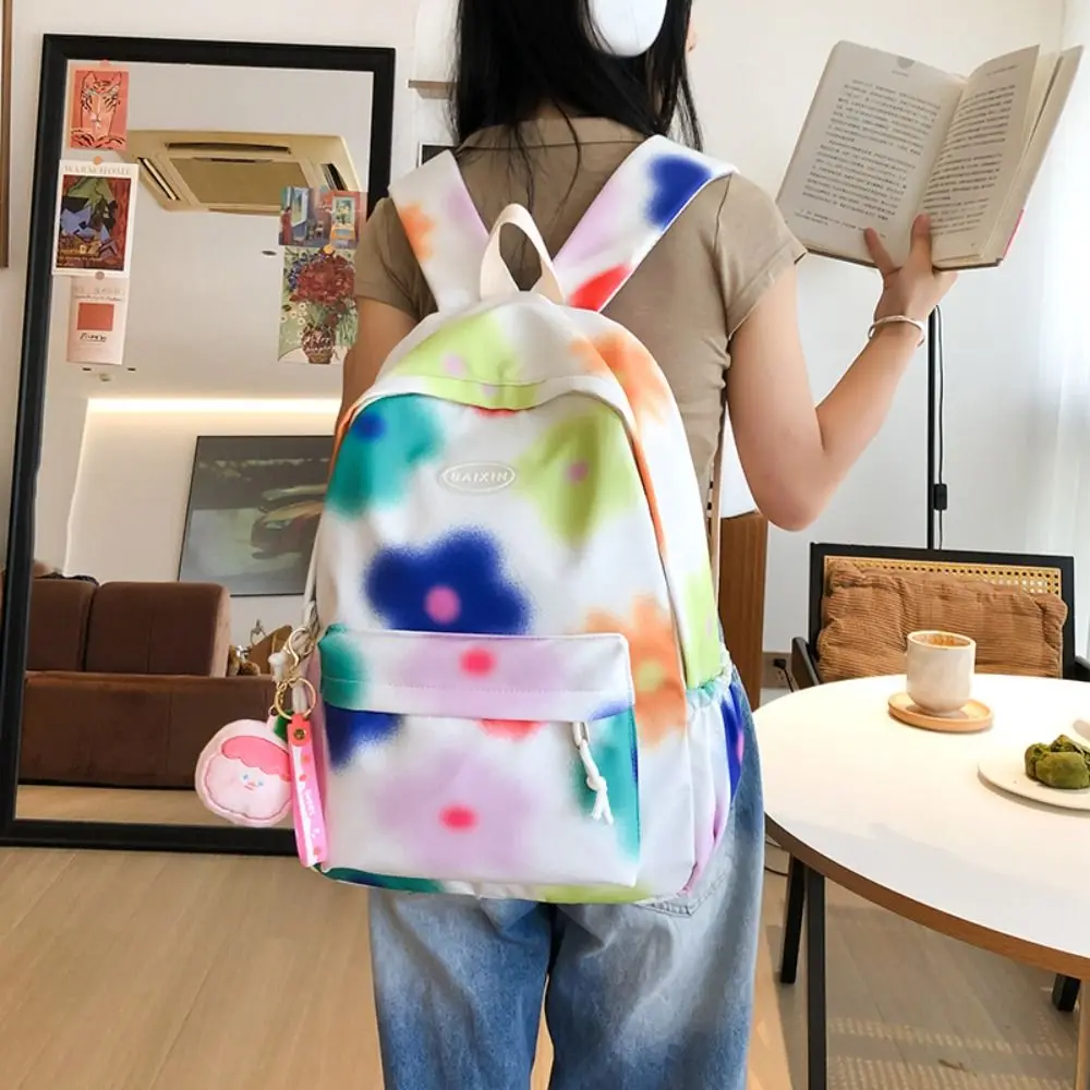 Large Capacity Flower Backpack Korean Style Graffiti Tie-dye Shoulder Bag Creative with Pendant Colorfu Floal School Bag School