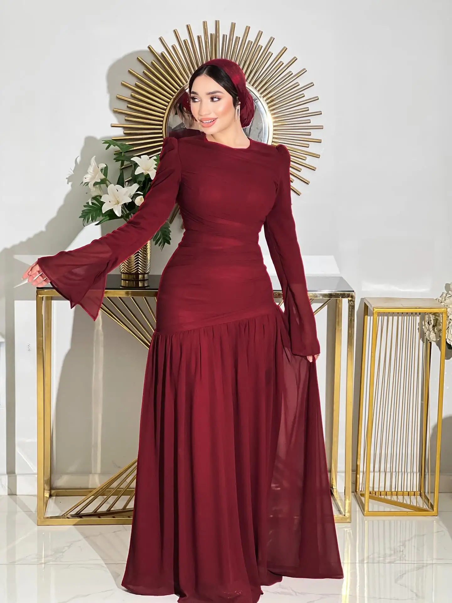 Vestido de fiesta elegante con cuello redondo para mujer, medalla personalizada, gasa plisada, largo hasta el suelo, vestido de noche para fiesta, vestidos para ocasiones especiales