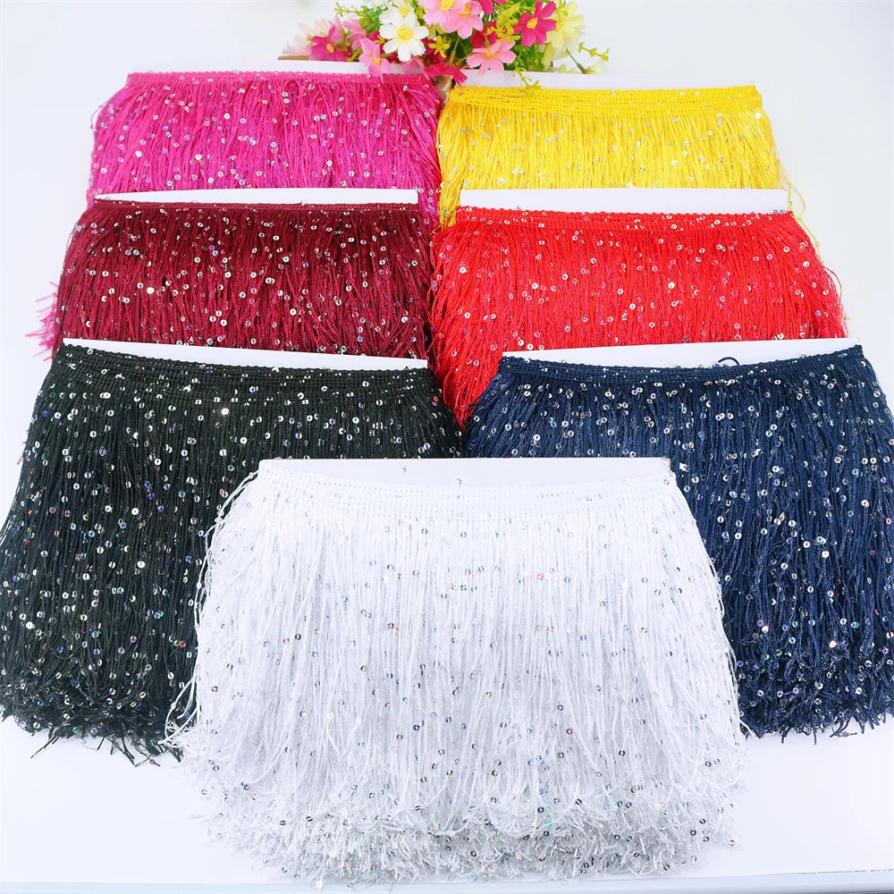 

10 Yards Sequin Fringe Tassels Tassel Trim Ribbon Sewing 19cm Width Silk Needlework Latin Dance Lace for Crafts Accessories Suit