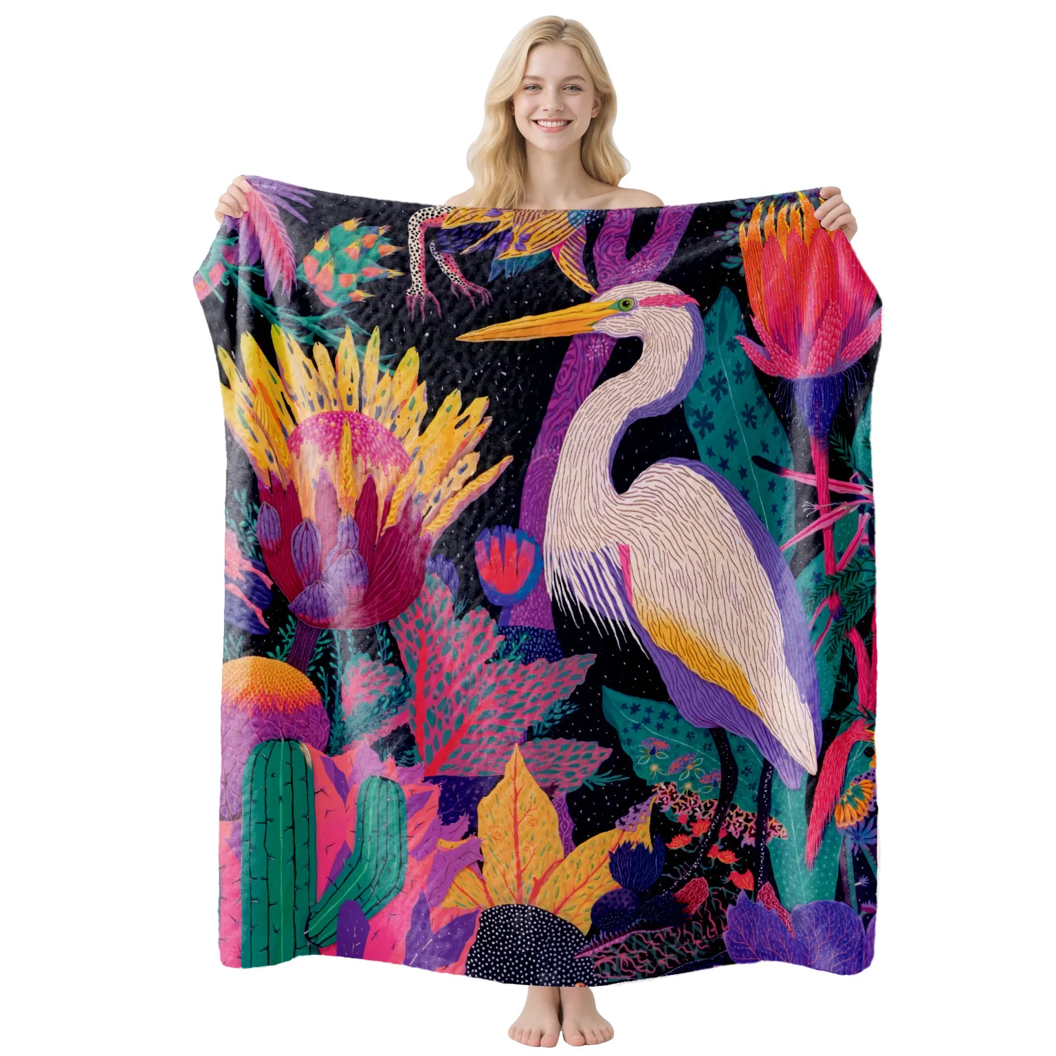 Throw Blanket Magic Tropical Jungle Heron Bird Floral Print Cozy Bed Couch Blankets Neon Gothic Room Decor Birthday Blanket