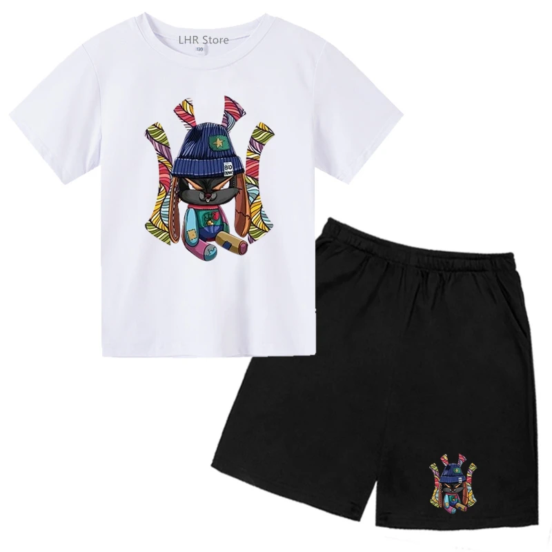 

Summer Tshirt Print Children Round Neck T-shirt+Shorts set Boys Girls age 3-12 Short Sleeve Casual Black faced rabbit