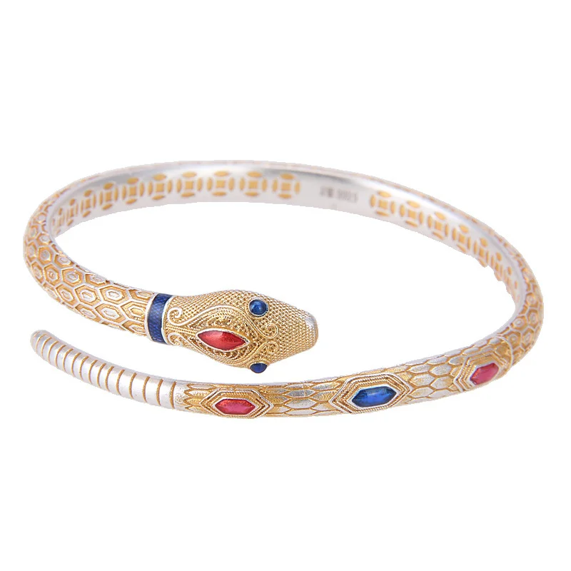 High quality 999 sterling silver enamel gold spirit snake ancient method women's bracelet for wealth and jewelry gifts