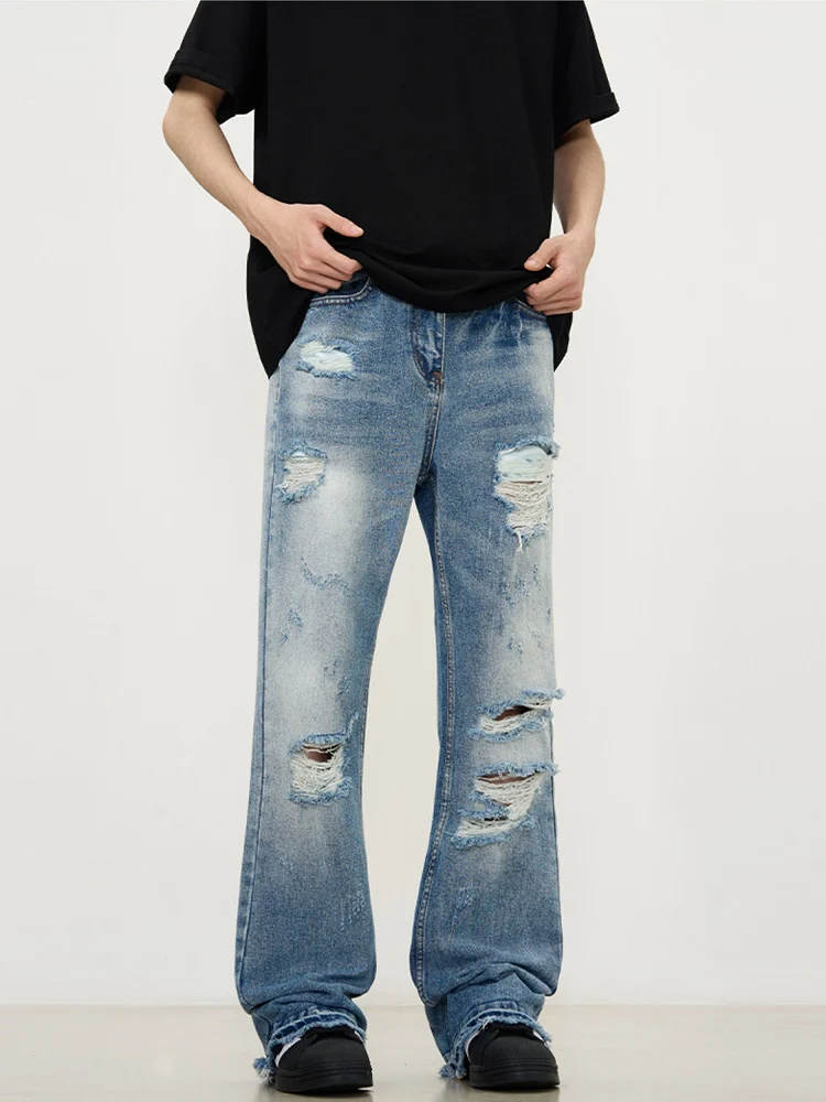 

Summer American High Street Blue Jeans Men's Women's Vintage Straight Leg Slimming Long Trousers with Frayed Hem