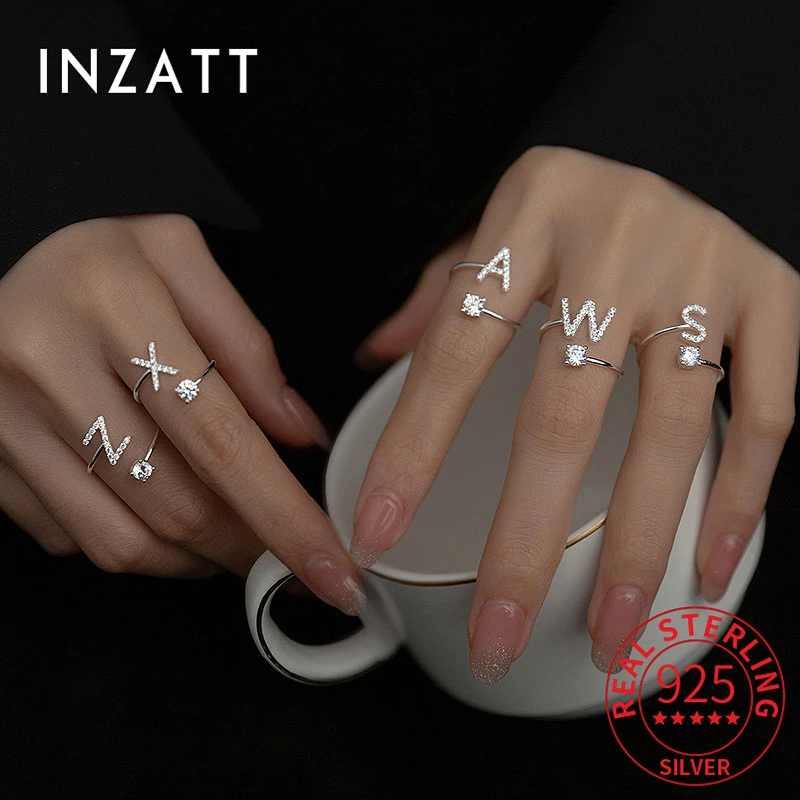 INZATT Classic Real 925 Sterling Silver Zircon 26 Letter Adjustable Ring For Women Fine Jewelry Minimalist Accessories Party