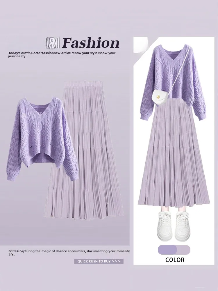 

Sweet Sle Knitted Sweater And Skirt Set Long Sve V-Ne Women's Faion Age-Defng Slimming Autumn Outfit Two-Piec...