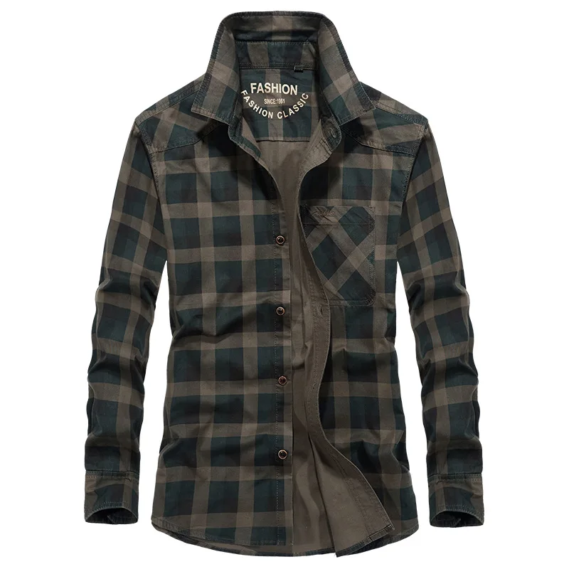 Men Plaid Casual Shirts Male Military Outdoor Loose Shirts Multi-pockets Tooling Shirts Quality Man Large Long-sleeved Shirts 4X