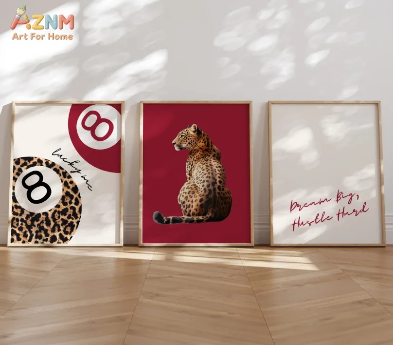 [2D Flat]1/3Pcs Canvas Poster(No Frame!!!), Trendy Red Leopard Print Wall Art Set, 8 Ball, Leopard & Quote Prints, “Lucky Me” an