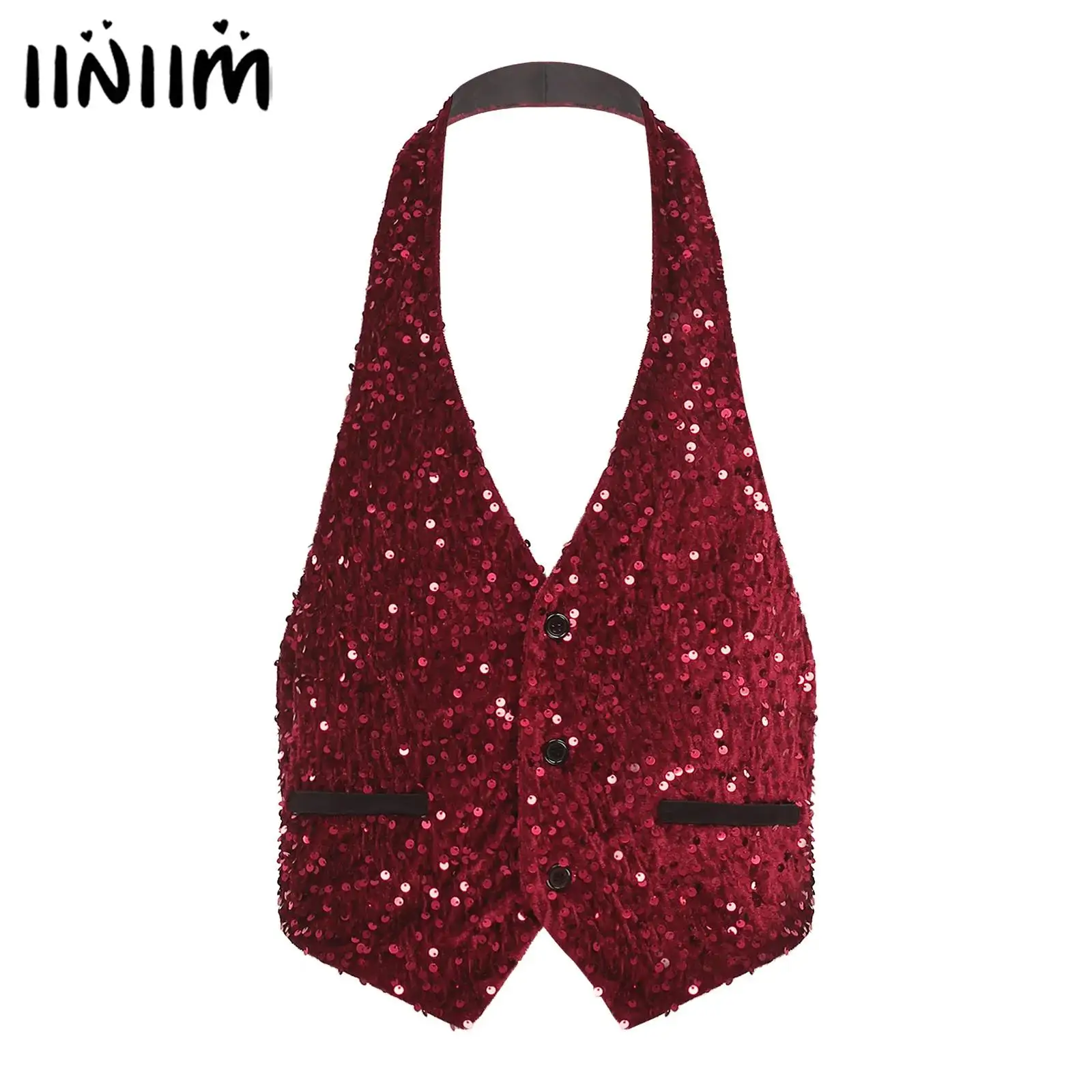 Mens Glittery Sequined Velvet Waistcoat Halter V Neck Front Button-down Backless Vest Tank Top Cocktail Party Dance Prom Costume