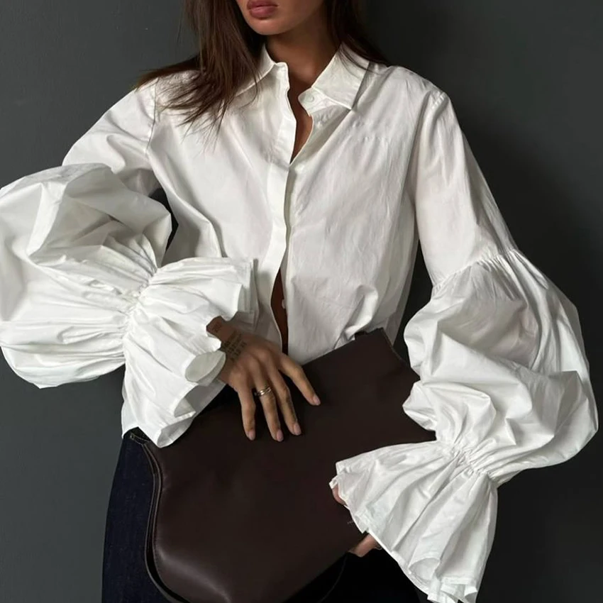 

Linad Vintage White Lantern Sleeve Blosue Office Cotton Turn Down Collar Shirts Woman Street Chic Single-Breasted Tops 2025 Fall