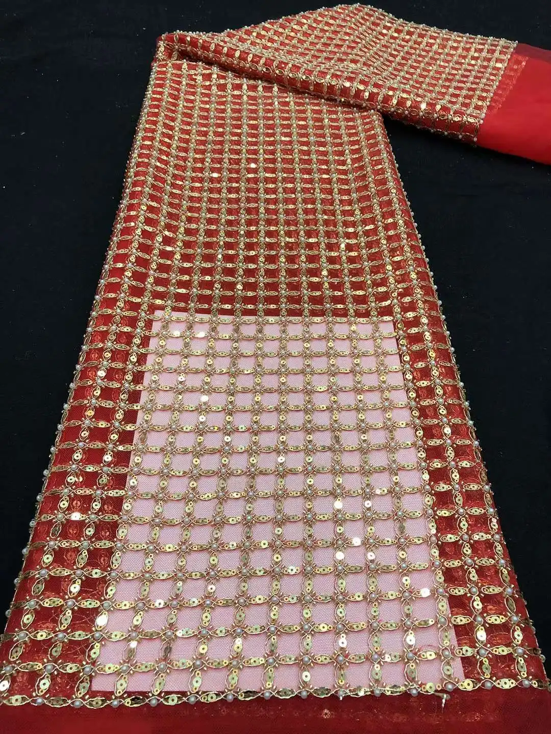 

Red Mesh Gold Sequins13H-11209 New Arrival Beads Large Patten for Party or Wedding Dress African Lace Fabric 52'' Width 5 Yard