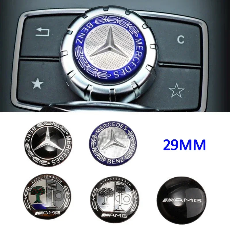 Aluminum 29mm Car Multimedia Knob Badge Stickers For Mercedes Benz W124 W140 W163 W202 W203 W204 W205 CLA CLK CLS GLA GLC