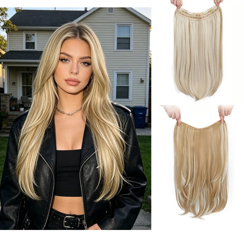 22Inch Synthetic Long Straight Layered Clip-in Hair Extension V-shaped Black Blonde Invisible Hairpiece for Women