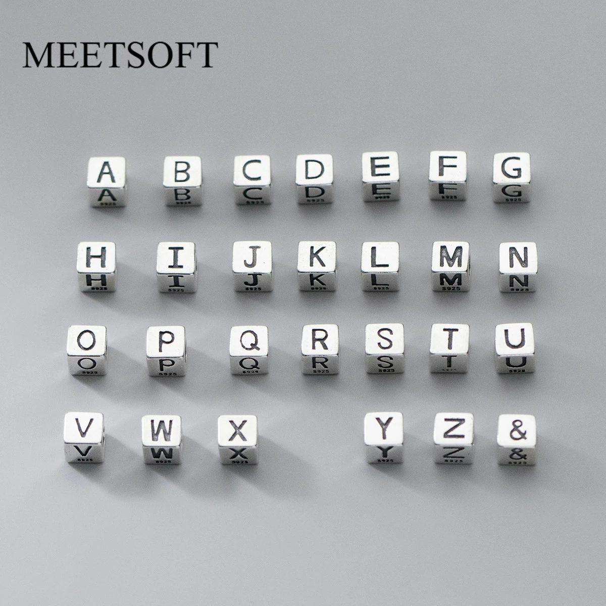 MEETSOFT Real 925 Sterling Silver 26 English A-Z Letters Square Spacer Beads Charms of DIY Handmade Bracelet Material Loose Bead