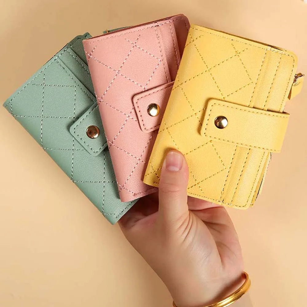 

Portable Women Lingge Wallet Transparent PVC Solid Color Card Bag Classic Multiple Card Lady Short PU Purses Business