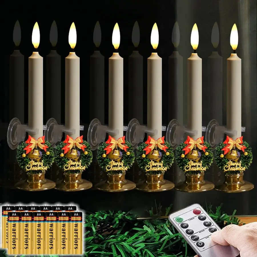 

6 Pack Flameless 8.7 Window Candles 6 Wreathwith Bows Bells12 AA BatteriesInclude 6 Suction Cups 6 Golden Candleholders.