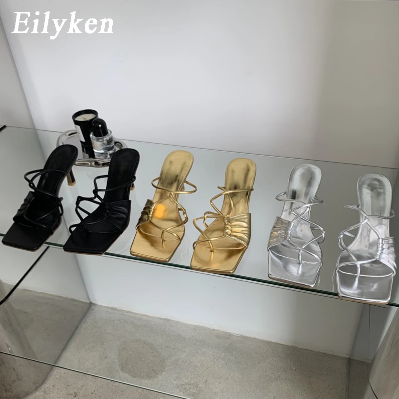 Eilyken Gold Narrow Band Women Slipper Female Square Pinch Toe Low Heel Slides Sandal Flip Flops Mujer Shoes