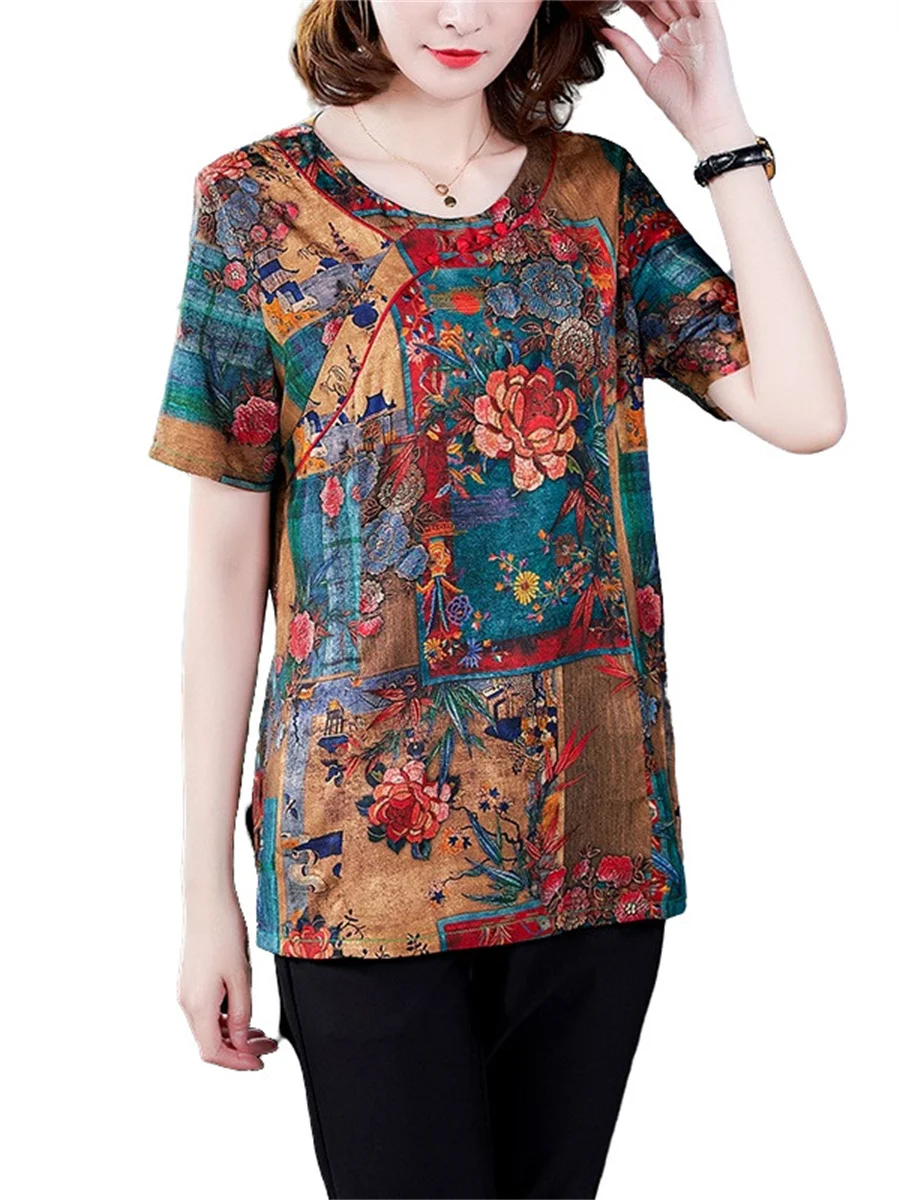 

5XL Loos Women Spring Summer Blouses Shirts Lady Fashion Casual Short Sleeve O-Neck Collar Vintage Print Blusas Tops CT0407