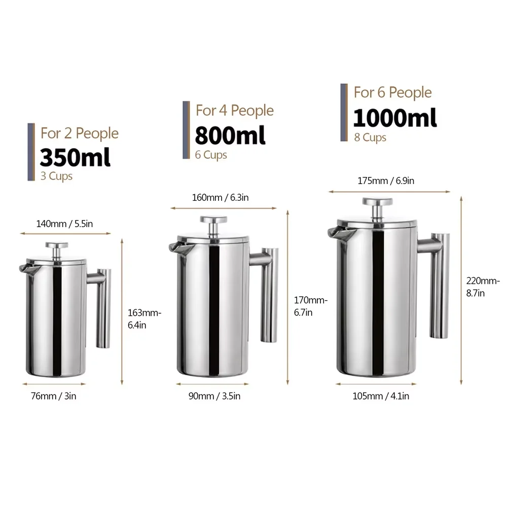 Coffee Maker Pot French Press Coffee Maker Stainless Steel Double Walled Insulated Coffee Maker Pot 350ml/800ml/1000ml