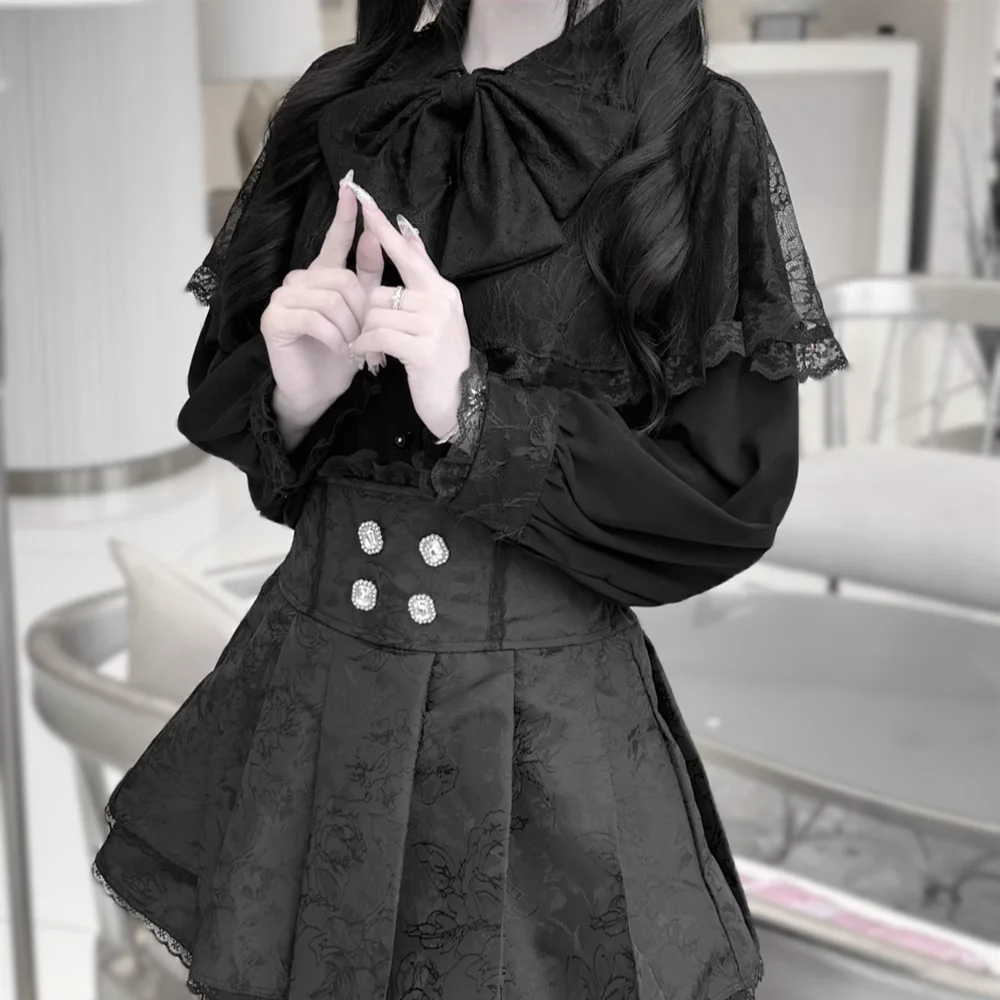 Chemise à manches longues violette pour femmes, produit en série Original Mine, doux gothique, sous-culture, Cape en dentelle, jupes noires pour filles Y2k