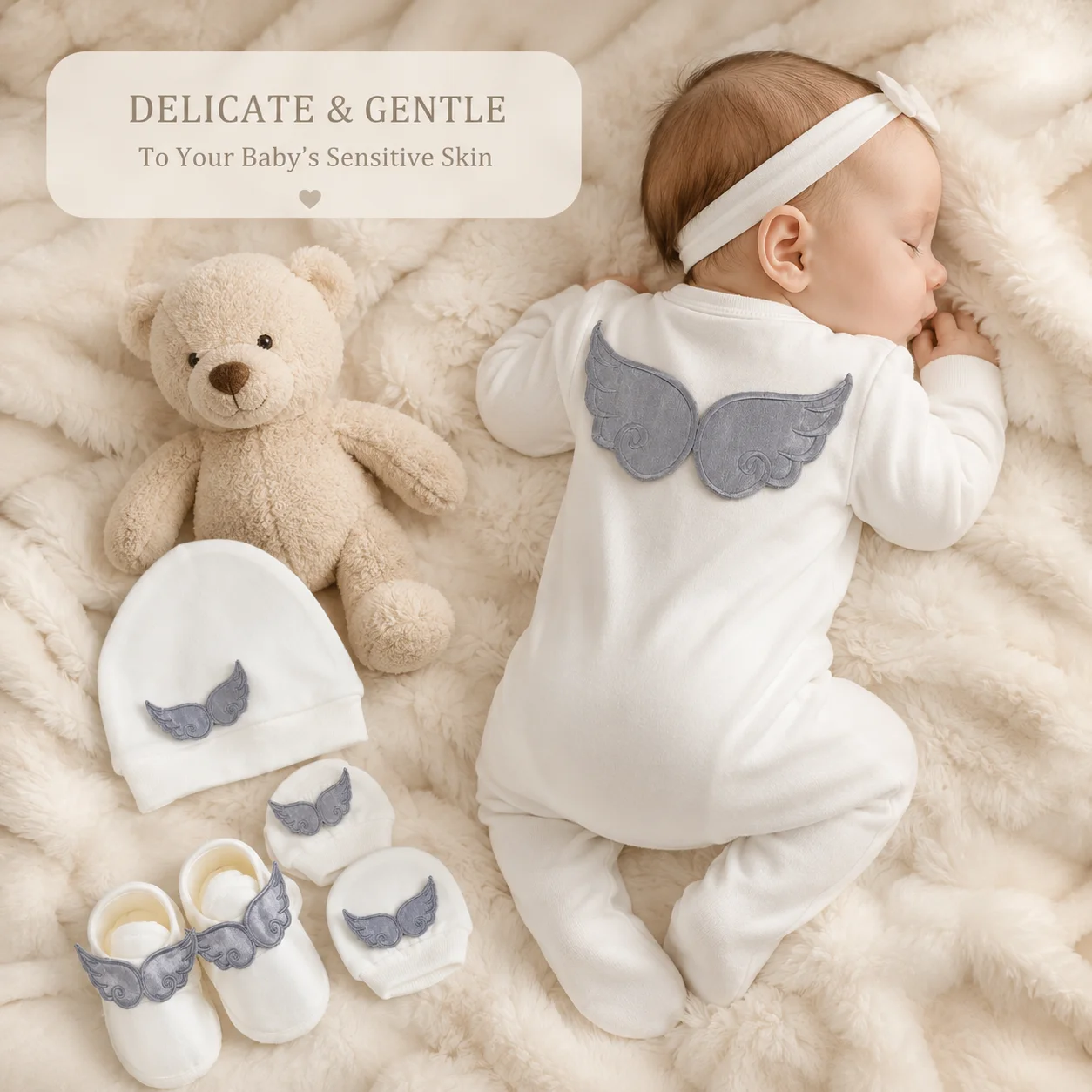 Pure Guardian Angel Wing Newborn 4pcs Clothing Set Minimalist Footed Onesie Hat Gloves Shoes Baby Full Moon Gift Outfit