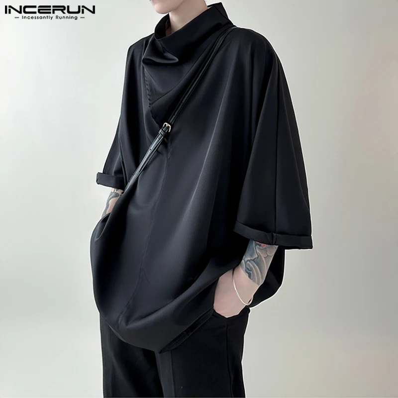 2023 Men Shirt Solid Color Turtleneck 3/4 Sleeve Korean Casual Men Clothing Streetwear Loose Fashion Irregular Shirts INCERUN