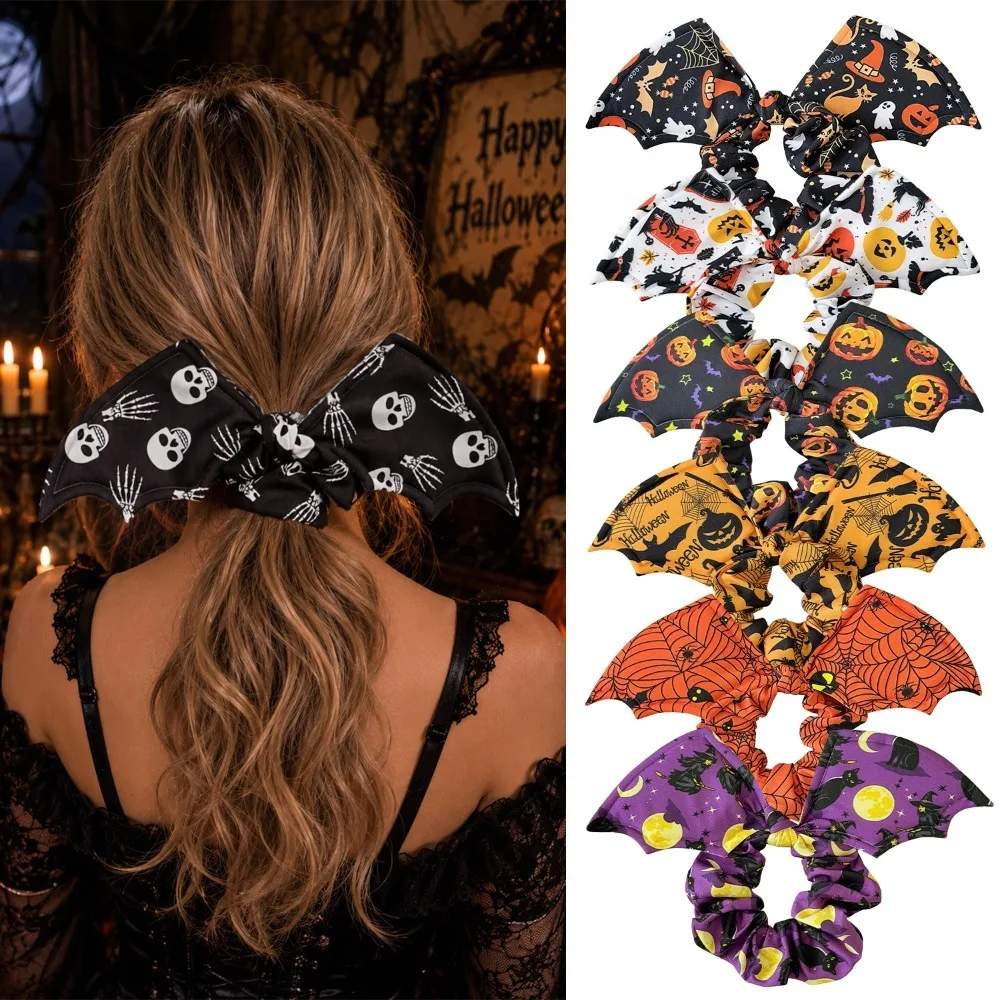 2Pcs Bat Wings Halloween Hair Ties, Pumpkin Ghost Print Scrunchies for Women, Holiday Party Hair Accessories No Damage