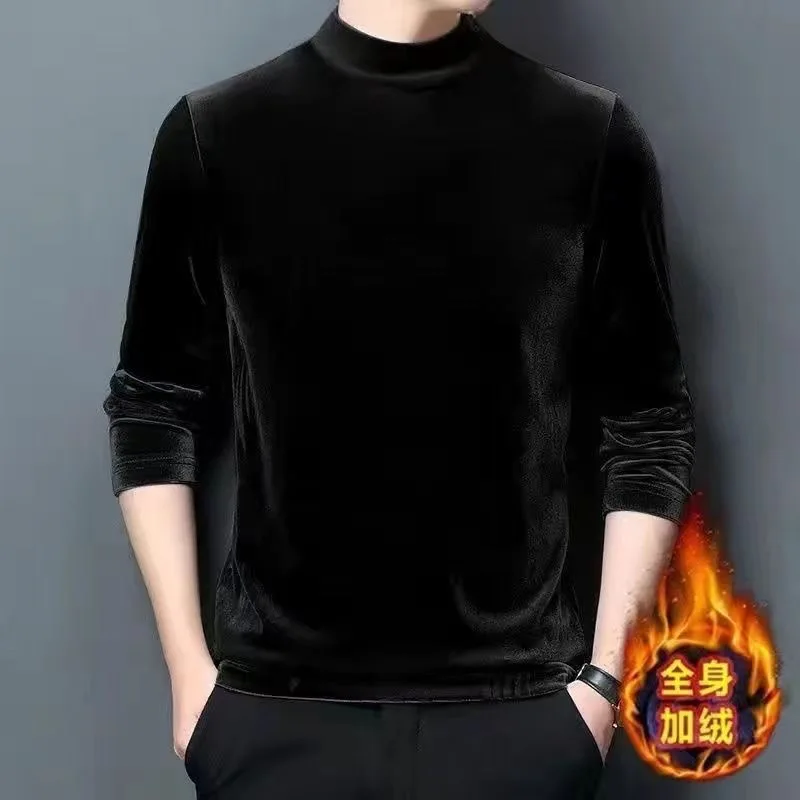 Men's Fleece Lined Thickened Half Collar Sweatshirt Male Versatile Long Sleeve Vintage Pullovers Warm Bottoming Shirts