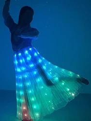 LED Light Up Belly Dance Skirt, LED Long Tutu Skirt for Rave, Halloween, Christmas Party, Dazzling LED Clothing for Women White