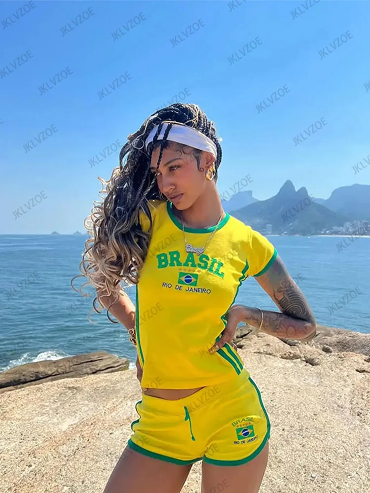 Summer T-shirt Women Brazil Letter Aesthetic Crop Tops Casual Short Sleeve O-neck Tee Streetwear Football Jersey Y2k Clothes