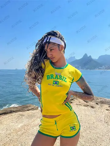 Zomer T-shirt Vrouwen Brazilië Brief Esthetische Crop Tops Casual Korte Mouw O-hals Tee Streetwear Voetbal Jersey Y2k Kleding