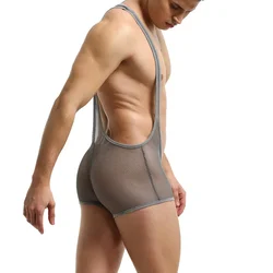 Sexy Mens Mesh See Through Bodysuit Gay Jockstrap Leotard One-Piece Lingerie Jumpsuit Male Pajamas Sheer Underwear Man Sleepwear