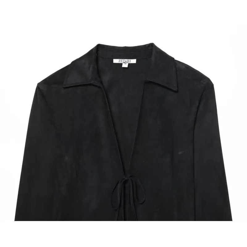 HipSeam Women Faux Suede Shirt with Ties Spring Autumn Open Collared Long Sleeve Women's Shirt & Blouses Female Chic Tops