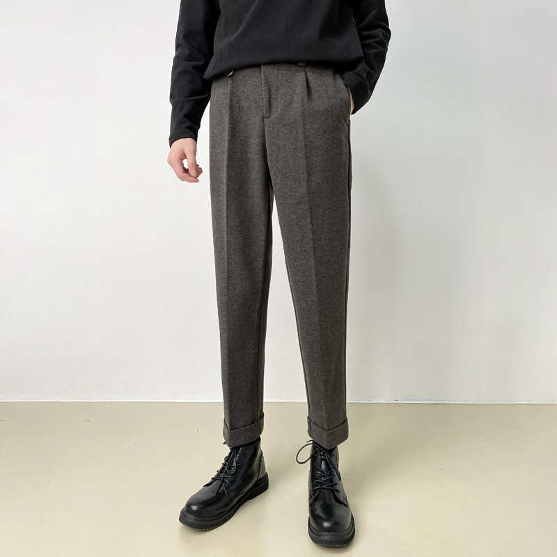 Men's Woolen Straight Leg Pants Autumn Winter Thickened Slim Fit Nine Points Trousers Korean Style Casual Youth Fashion