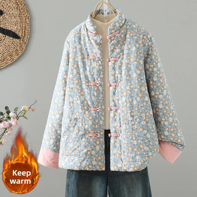 

Loose Fit Thiened Lightweight Cotton Jaet Autumn Winter New Sle Large Size Button Flower Design Warm Cotton Coat for Women