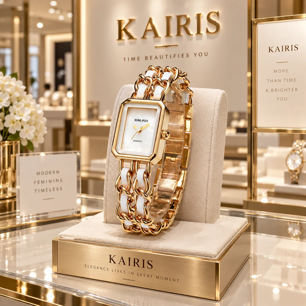 KAIRIS Women's Black Rectangle Quartz Watch Stainless Steel Chain Bracelet Fashion Elegant Luxury Wristwatch