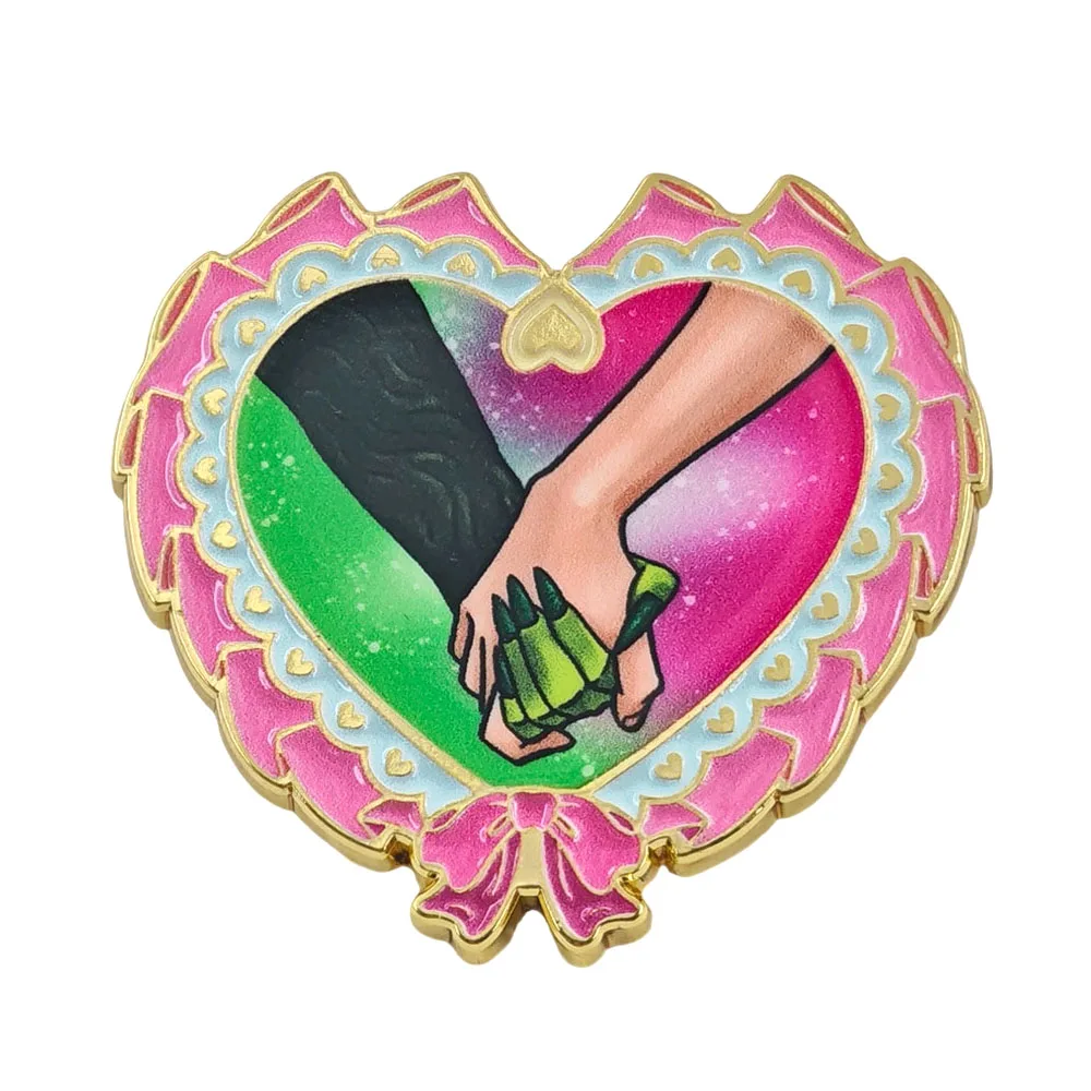 Pink Bow Heart Shaped Enamel Pin Two Witches Holding Hands Romantic Brooch Fantasy Musical Movie Fans Backpack Decor Jewelry Gif