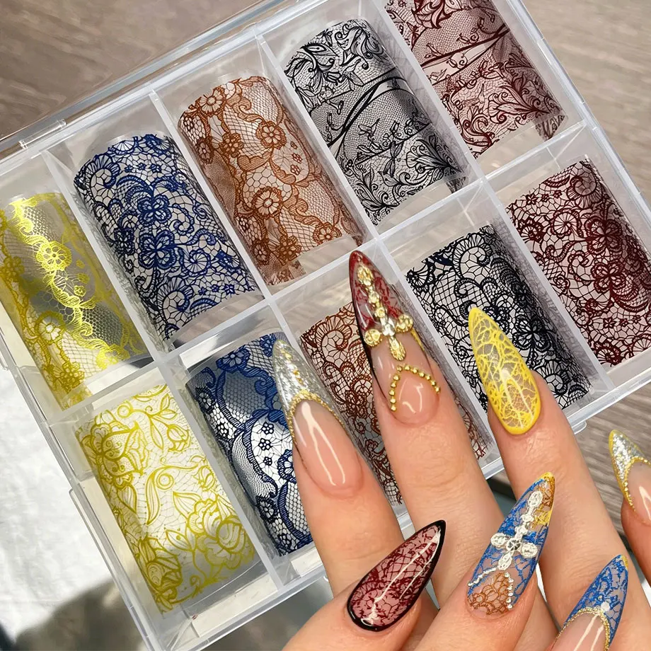 10Rolls Retro Colorful Lace Foil Transfer Nail Stickers Brown Blue Red Hollow Lace Nail Decals Starry Sky Foils Nail Stickers D4