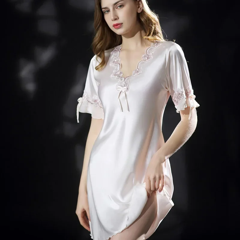 2024 Summer Women Sleepwear Ice Silk Nightdress Robe Sexy Lingerie Nightgown Lady Homewear Female Night Homewear Pyjamas