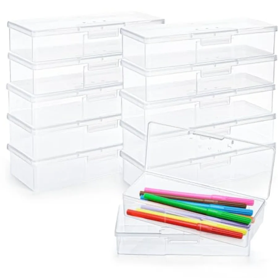 

12 Pack Stackable Plastic Nail Storage Box with Hinged Lid and Snap Closure Clear Rectangle Design Ideal for Organizing Manicur