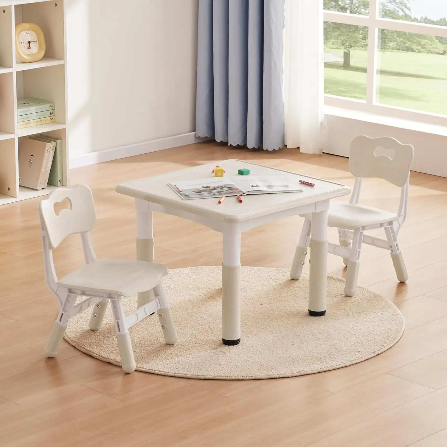 

Study Table and Chairs Set, Height Adjustable Toddler Table and Chair Set for Kids Ages 3-8, 23.6" L x 23.6" W Graffiti