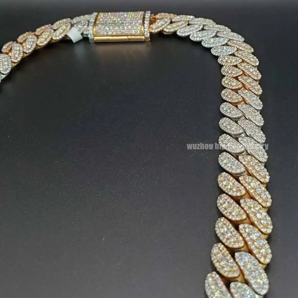 Luxury Fresh Moissanite Hiphop Chain 15mm Width S925 Silver Yellow Gold White Gold Double Tones Round Cut Moissanite Cuban Neckl