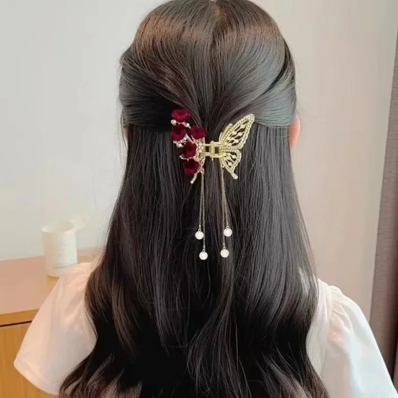 Retro Hollow Butterfly Tassel Hairpin Korean Girl Rhinestone Ponytail Hair Grabber Elegant Pearl Hair Accessories for Women