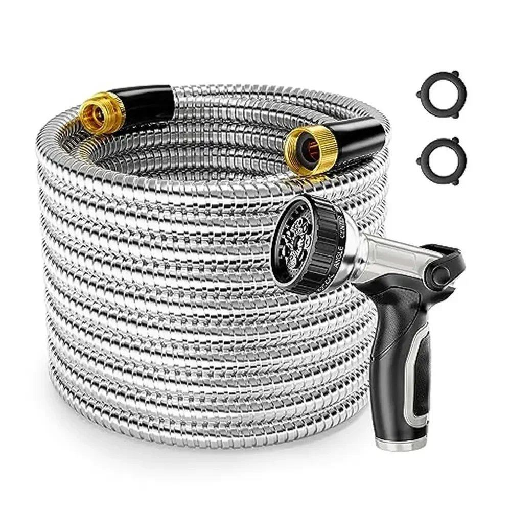 

304 Stainless Steel Garden Hose 100FT 1/2 IN Water Hose Heavy Duty Metal Nozzle Yard Outdoor Lawn Flexible Never Kink Durable