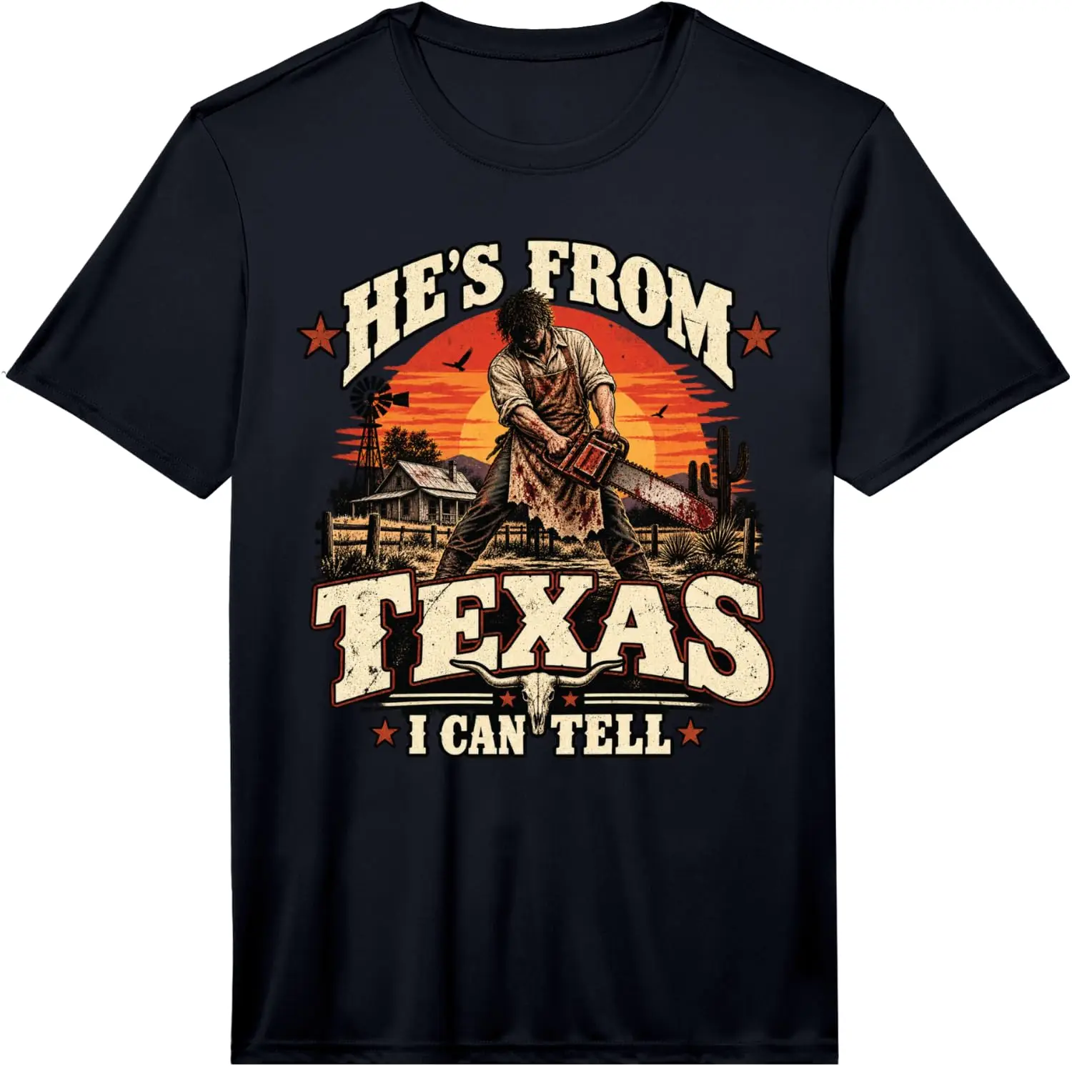 Hes From Texas I Can Tell Chainsaw Horror Graphic Performance T-Shirt Fun 100% Cotton Short-Sleeve Shirt – A Gift For Halloween