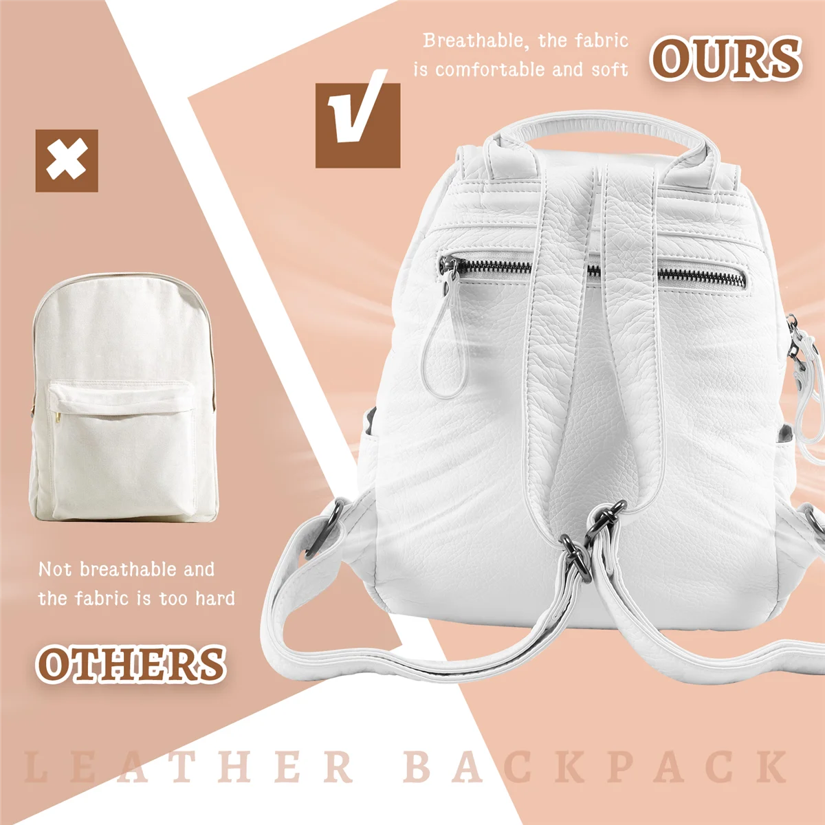 Women\'s Soft Leather Casual School Bag Washed Leather Backpack Girl Travel Small School Bag-White