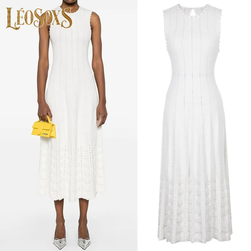LEOSOXS Sukienki dzianinowe z perłami, białe, modna sukienka letnia bez rękawów z dekoltem typu O, elegancka, długa, z rybim ogonem, wysokiej jakości dla kobiet
