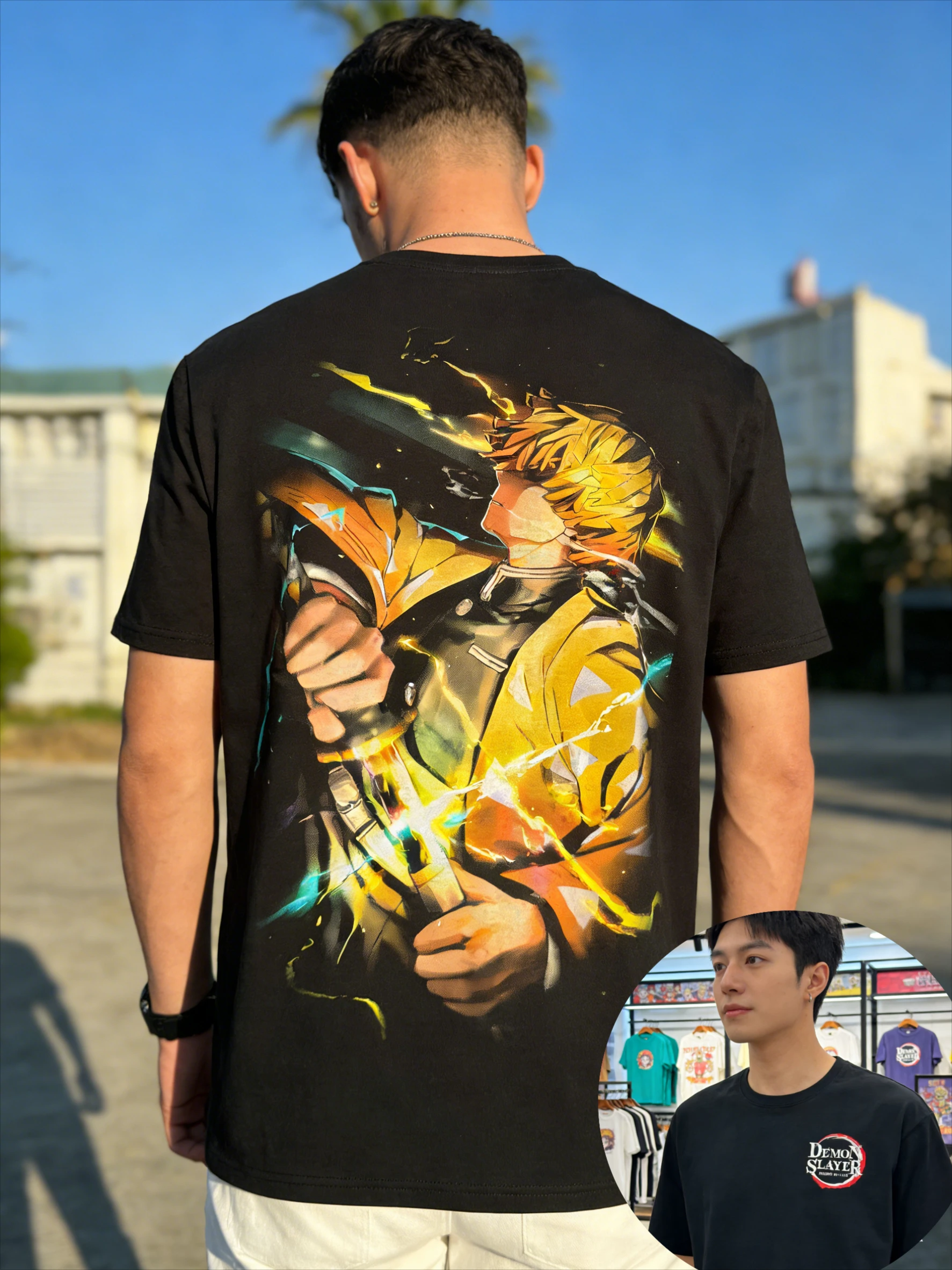 

Свободная футболка высокого качества из хлопка Demon Slayer Zenitsu Agatsuma с желтыми волосами, меч с эффектом молнии, поза для сна, повседневная