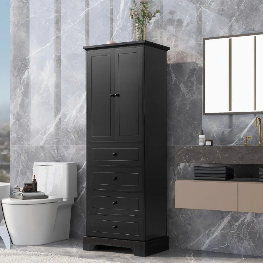

Storage Cabinet with 2 Doors and 4 Drawers for Bathroom Office Adjustable Shelf MDF Board with Painted Finish Black